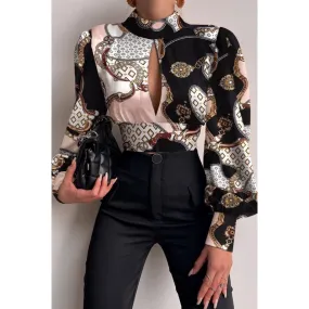 Camicia elegante con collo alto e maniche a campana  Diezma, nero - rosa