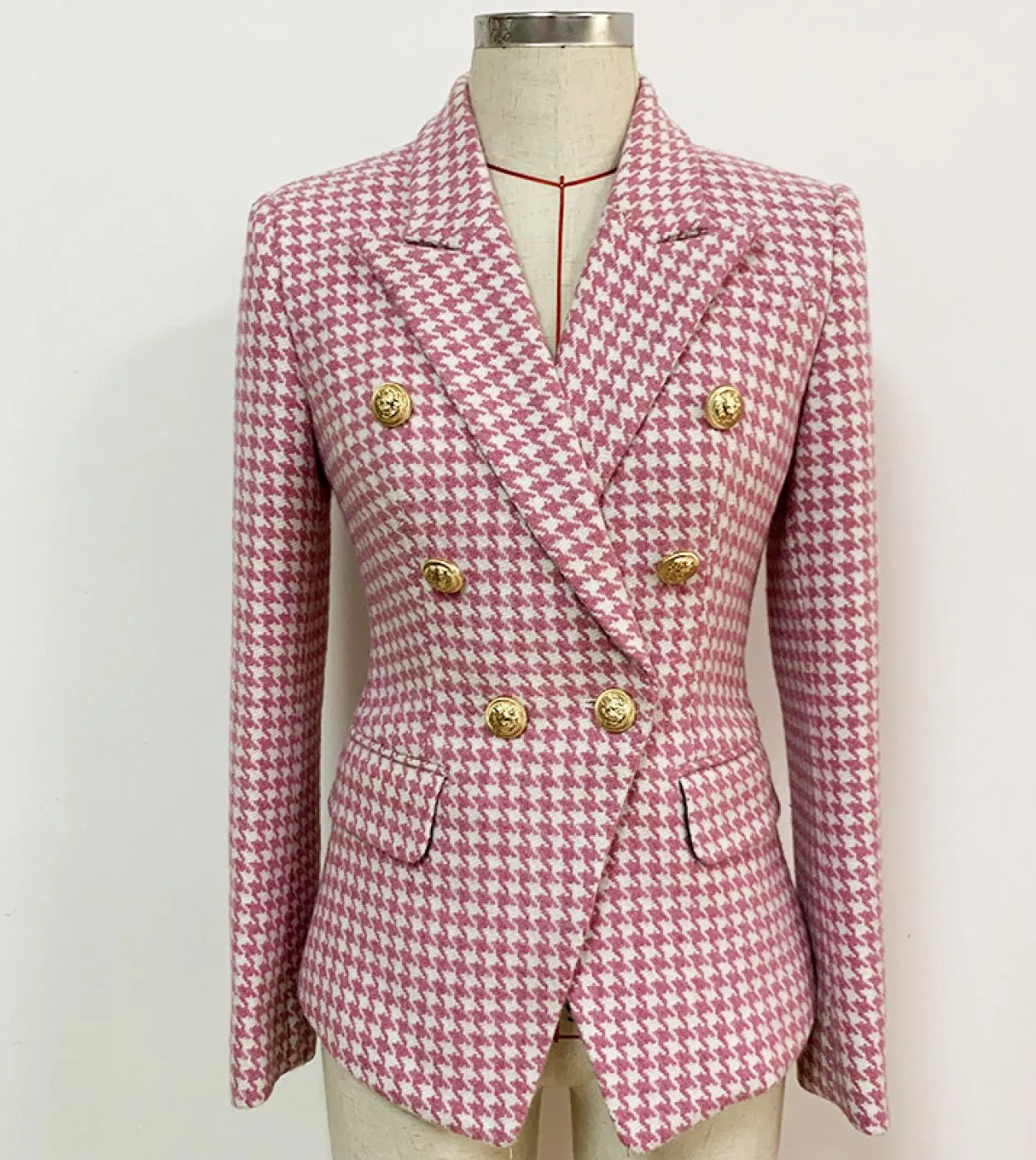 Giacca da donna scozzese rosa Nuovo doppio petto con bottoni pied de poule Blazer da donna a maniche lunghe Cappotto di alta qua