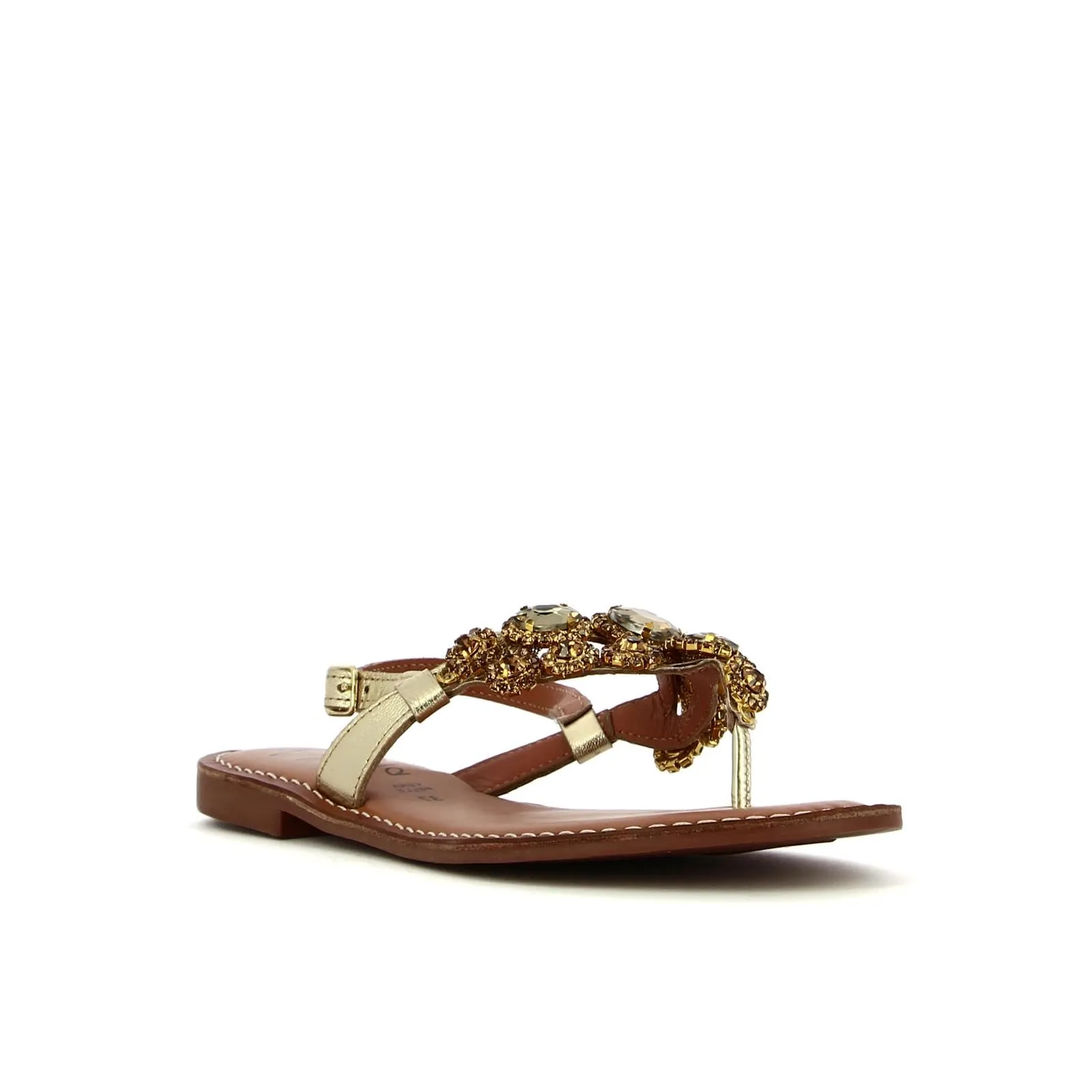 Sandali bassi oro modello infradito in pelle con pietre gioiello